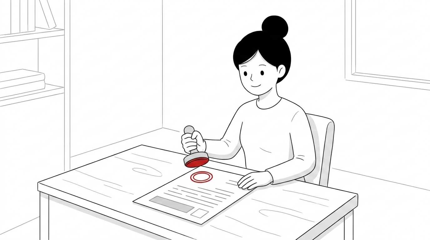 사무직 직원이 회사 공문에 빨간 직인을 찍는 일러스트 — 공문 작성과 결재가 한 흐름으로 마무리되는 도토 공문관리