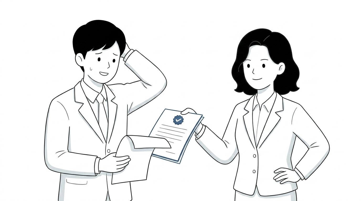 여러 소프트웨어 라이선스가 한 장의 대장으로 정리되고 그 위에 정품 확인 도장이 찍히는 일러스트